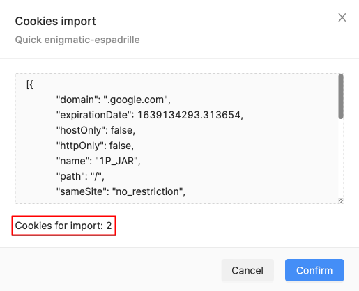 Quantidade de Cookies de Importação