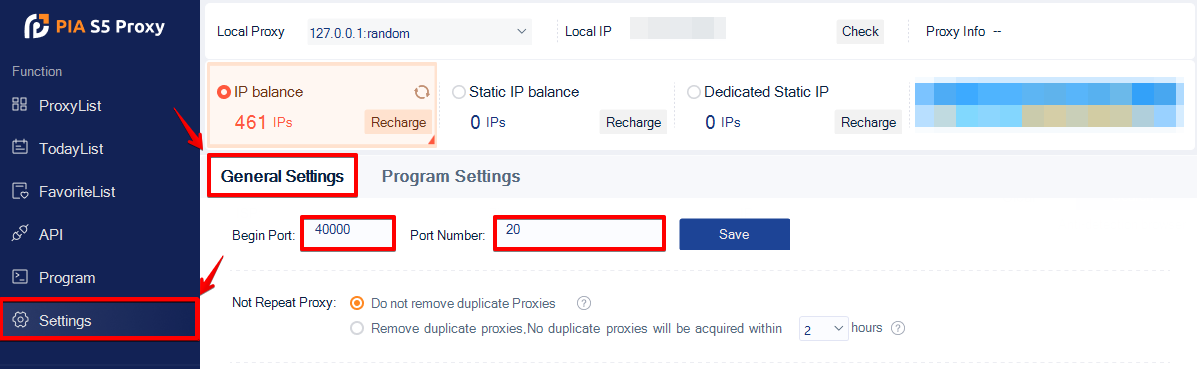 Pia S5 Proxy Ports Settings